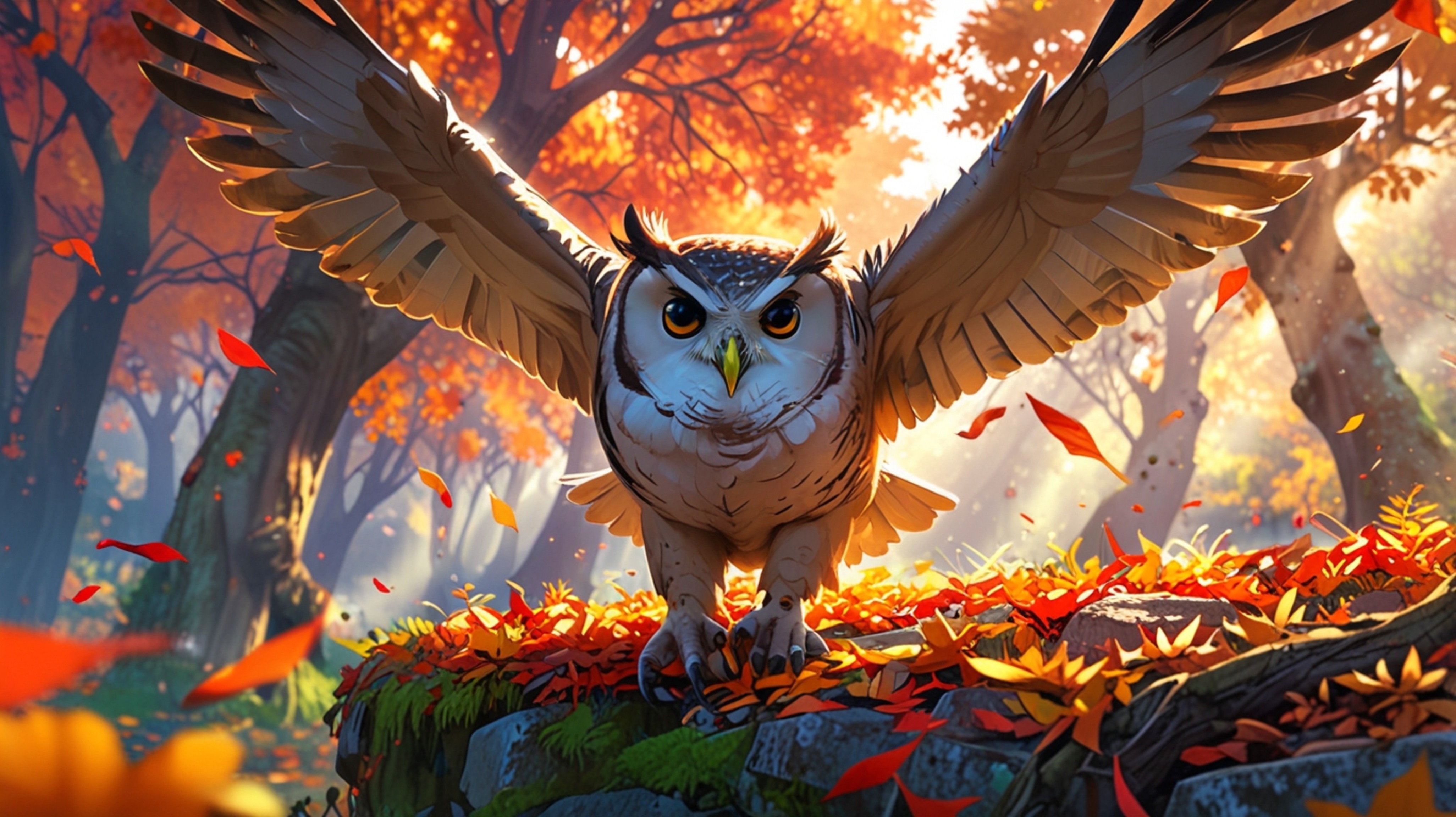 In a beautifully vibrant scene that merges the styles of Pixar and anime, a wise blind owl is captured mid-air, teaching othe