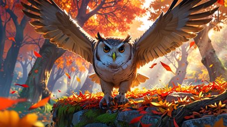 In a beautifully vibrant scene that merges the styles of Pixar and anime, a wise blind owl is captured mid-air, teaching othe