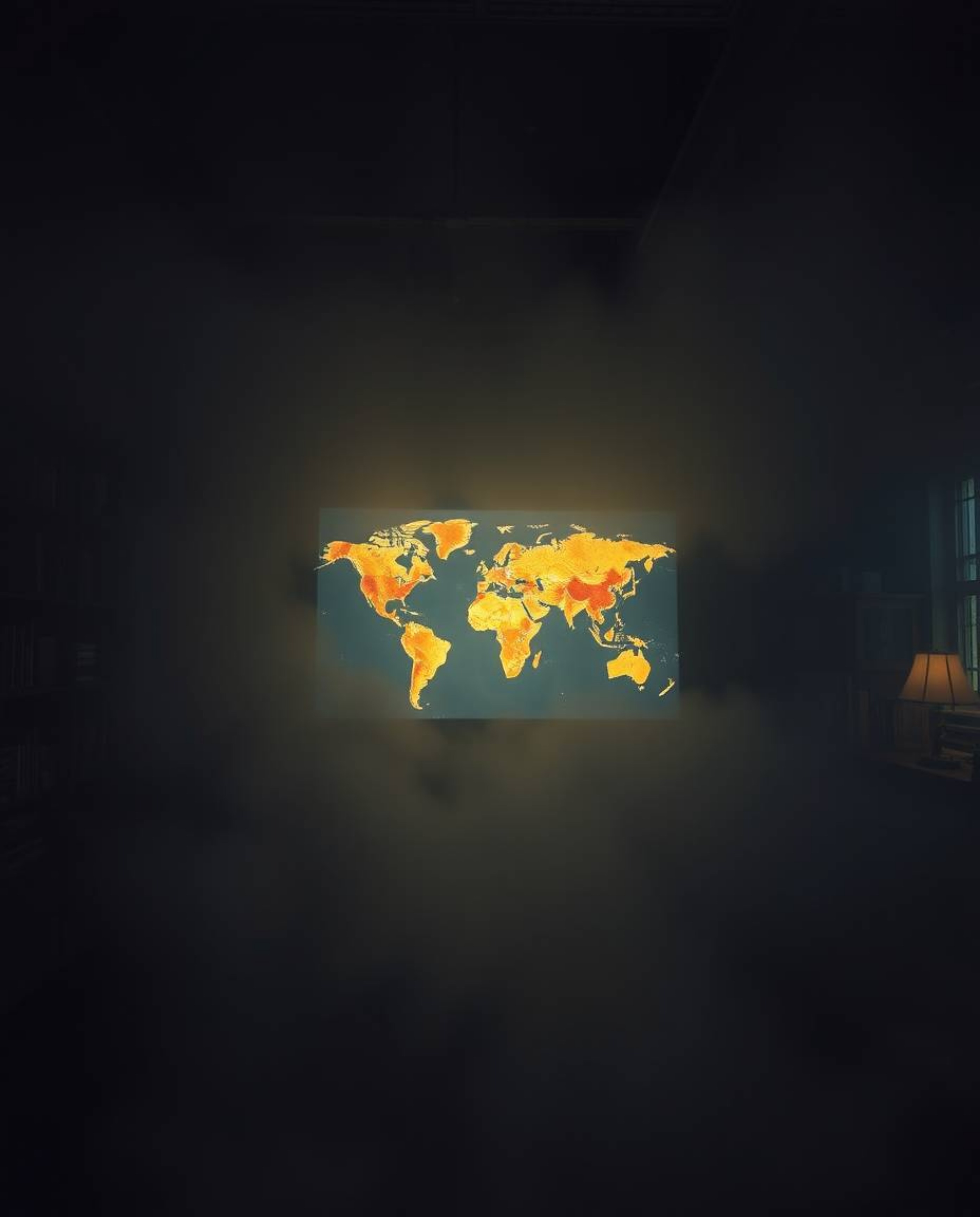 A high-resolution stock photo presents a captivating scene: a glowing map projection suspended in the air within an old study