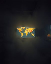 A high-resolution stock photo presents a captivating scene: a glowing map projection suspended in the air within an old study
