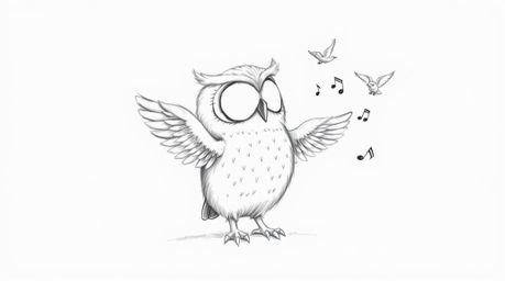 A whimsical hand-drawn sketch in Pixar style depicts a blind, wise owl with soft, textured pencil stroke feathers.  This insp