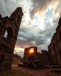 A warm autumnal scene depicts intense dramatic weather as a sunset casts shadows through ancient stone ruins. The atmosphere 