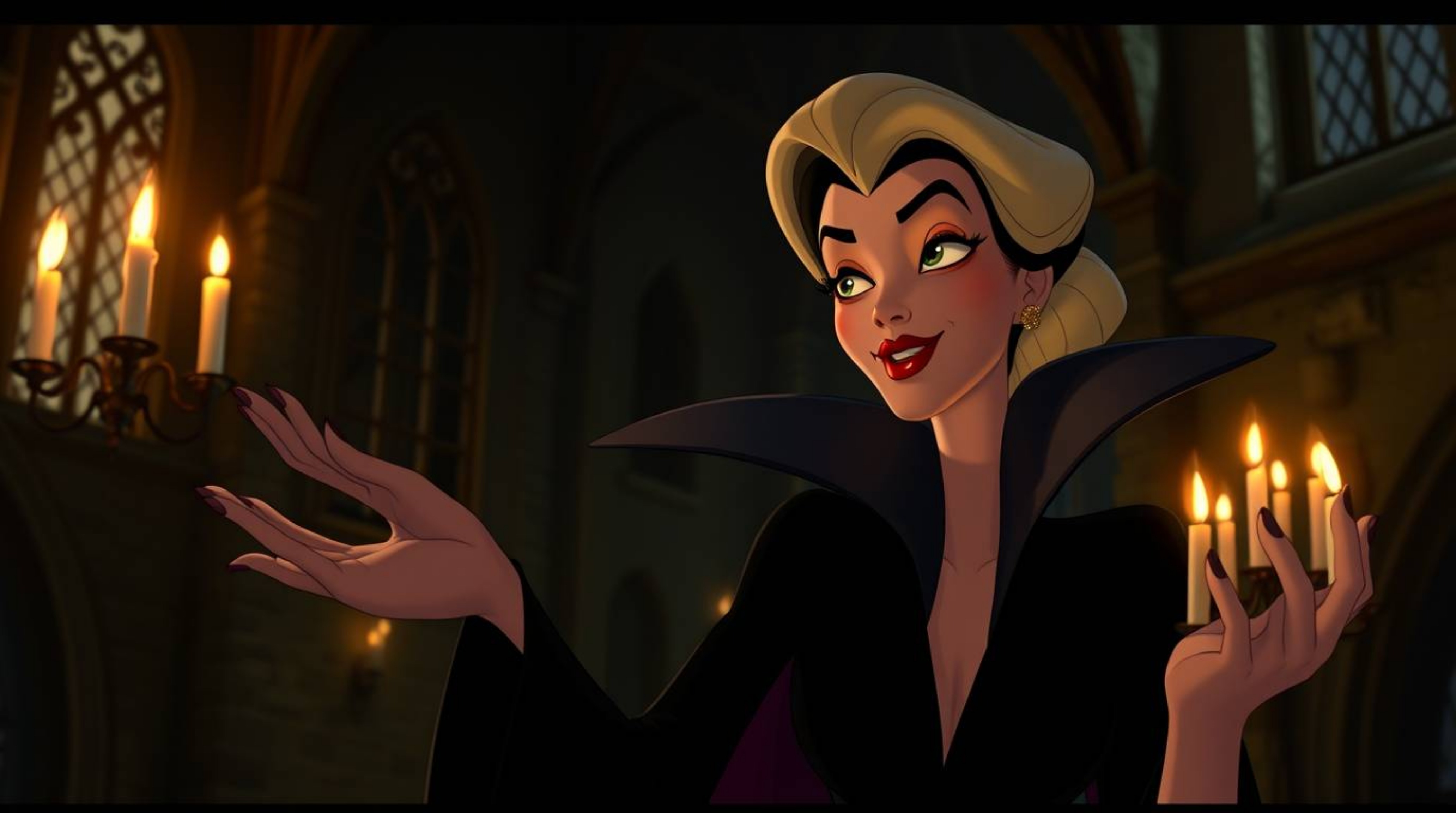 Witness a graceful and elegant classic Disney villain, characterized by refined facial features, conjuring a powerful spell w