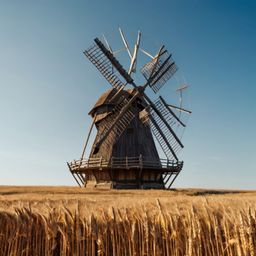 Capture the idyllic charm of a traditional wooden windmill set against a clear blue sky, gracefully presiding over a pictures