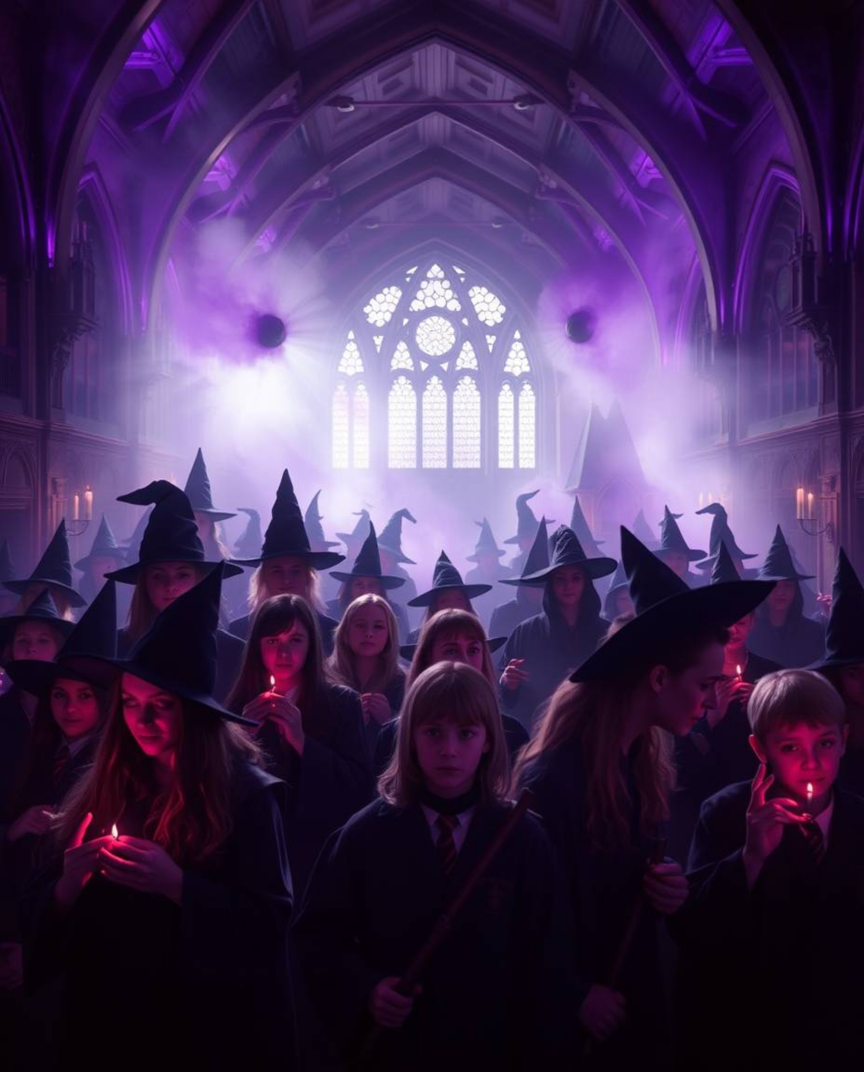Step into a magical school bathed in soft, dreamy light and deep ultraviolet hues, where young wizards hone their skills amid