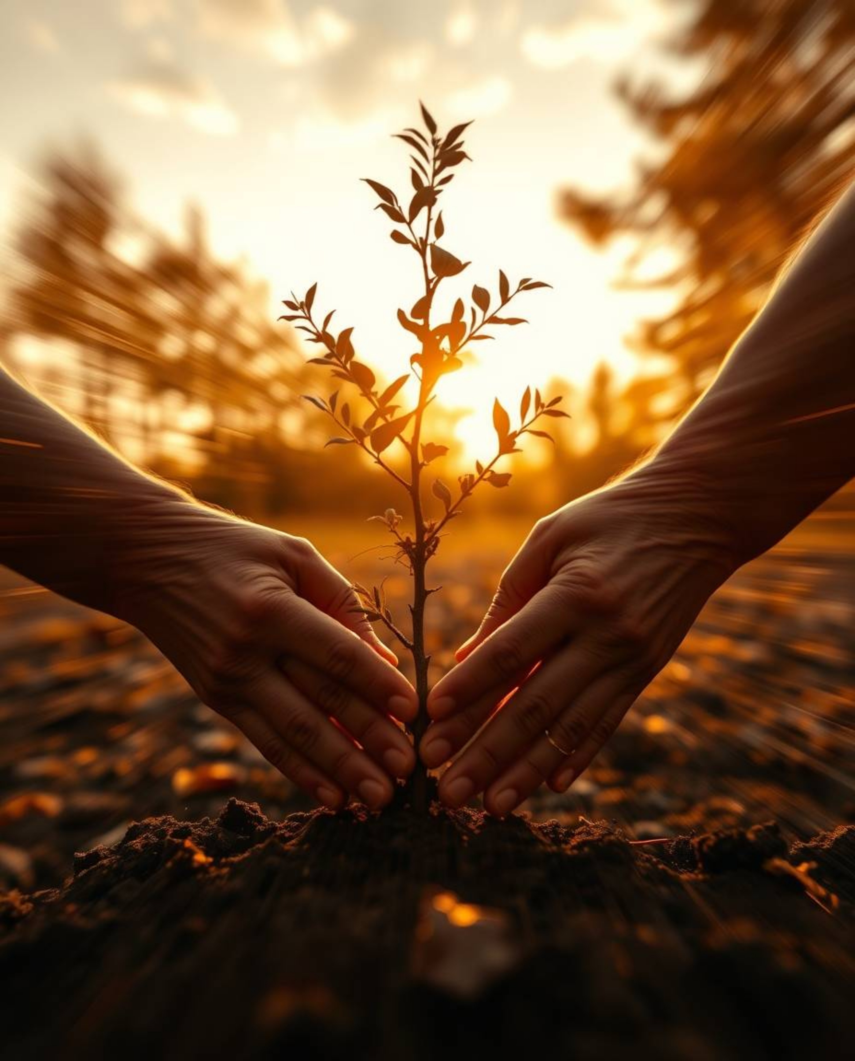 Immerse yourself in the warm embrace of autumn with a dynamic image depicting hands gently planting a tree beneath a breathta