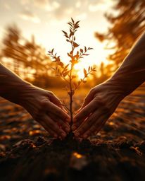 Immerse yourself in the warm embrace of autumn with a dynamic image depicting hands gently planting a tree beneath a breathta