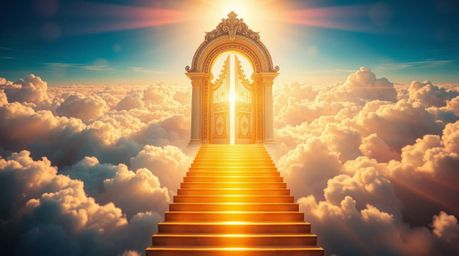 A captivating fantasy realism artwork depicts a graceful heavenly gate floating amidst vibrant clouds. Golden light streams d