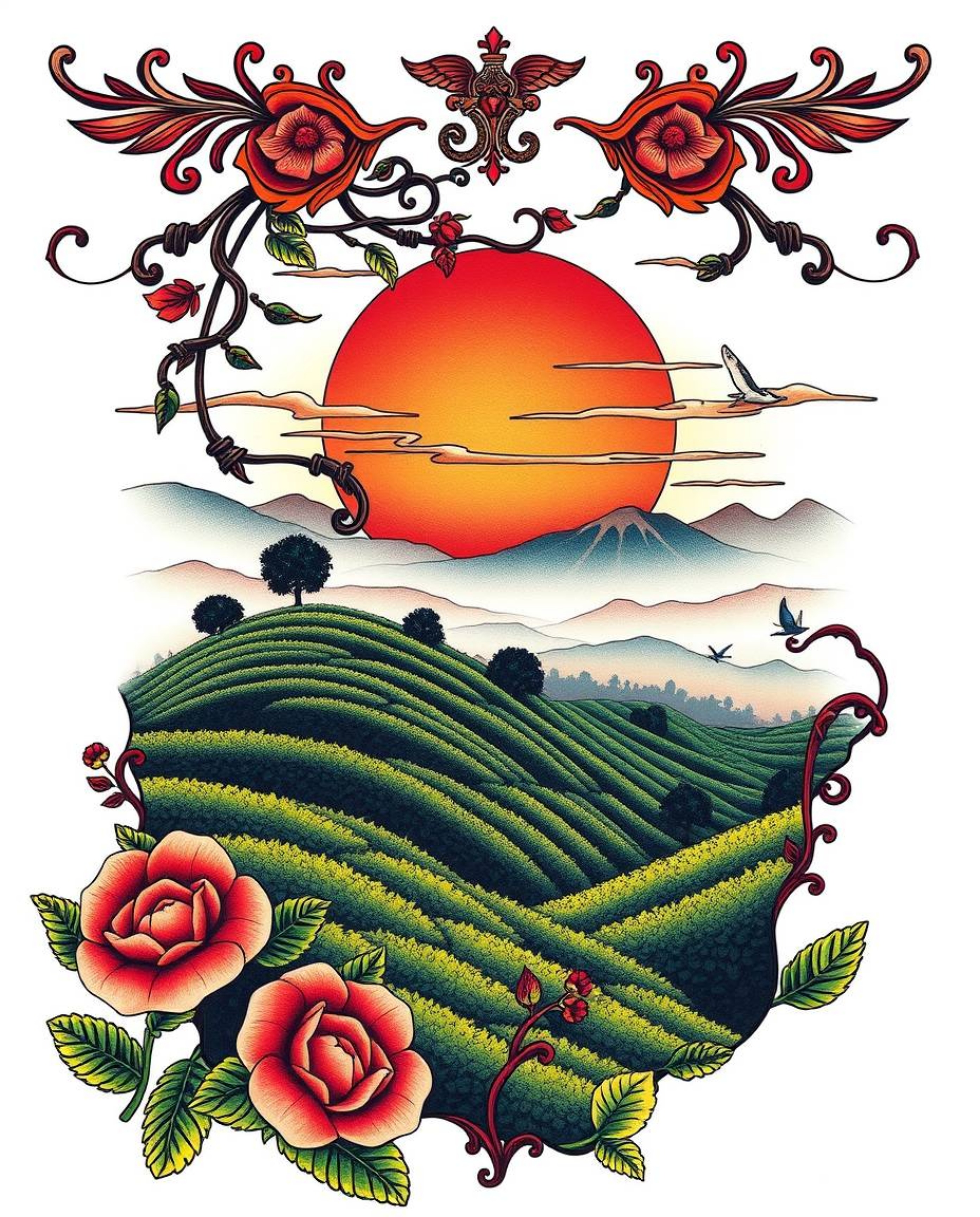 A vibrant, traditional tattoo art print depicting a sunset over terraced tea plantations. This piece is rendered in a retro s