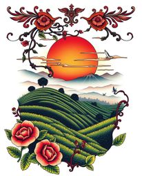 A vibrant, traditional tattoo art print depicting a sunset over terraced tea plantations. This piece is rendered in a retro s