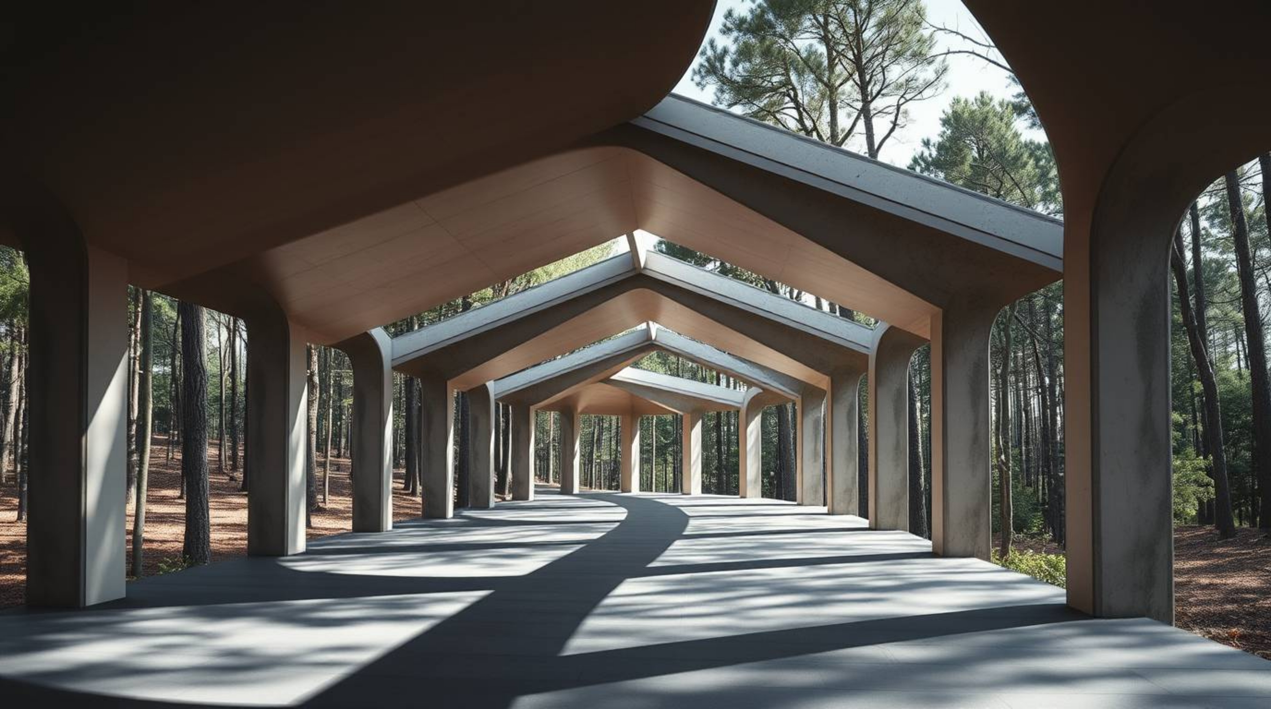 This photograph captures a dynamic chase through a looping forest backdrop, emphasizing the precision of architectural design