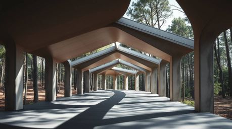 This photograph captures a dynamic chase through a looping forest backdrop, emphasizing the precision of architectural design