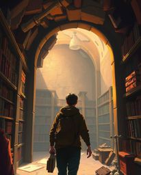 A digital painting showcasing a person's awe-inspiring discovery of a hidden underground library. Rendered in soft pastel col