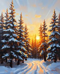 A dynamic oil painting depicts the captivating scene of sunset light sparkling on snowy pine trees. This artwork employs a pa