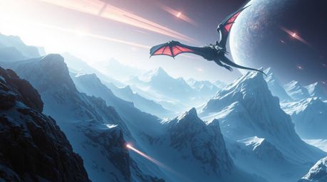 Experience a futuristic sci-fi adventure with a dragon and rider soaring above majestic icy mountains. This epic scene, enhan