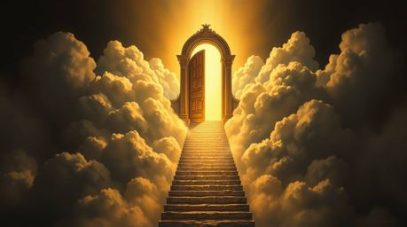 A stunning fantasy realism painting showcasing a heavenly gate suspended above the clouds.  Strong, hard light and low contra