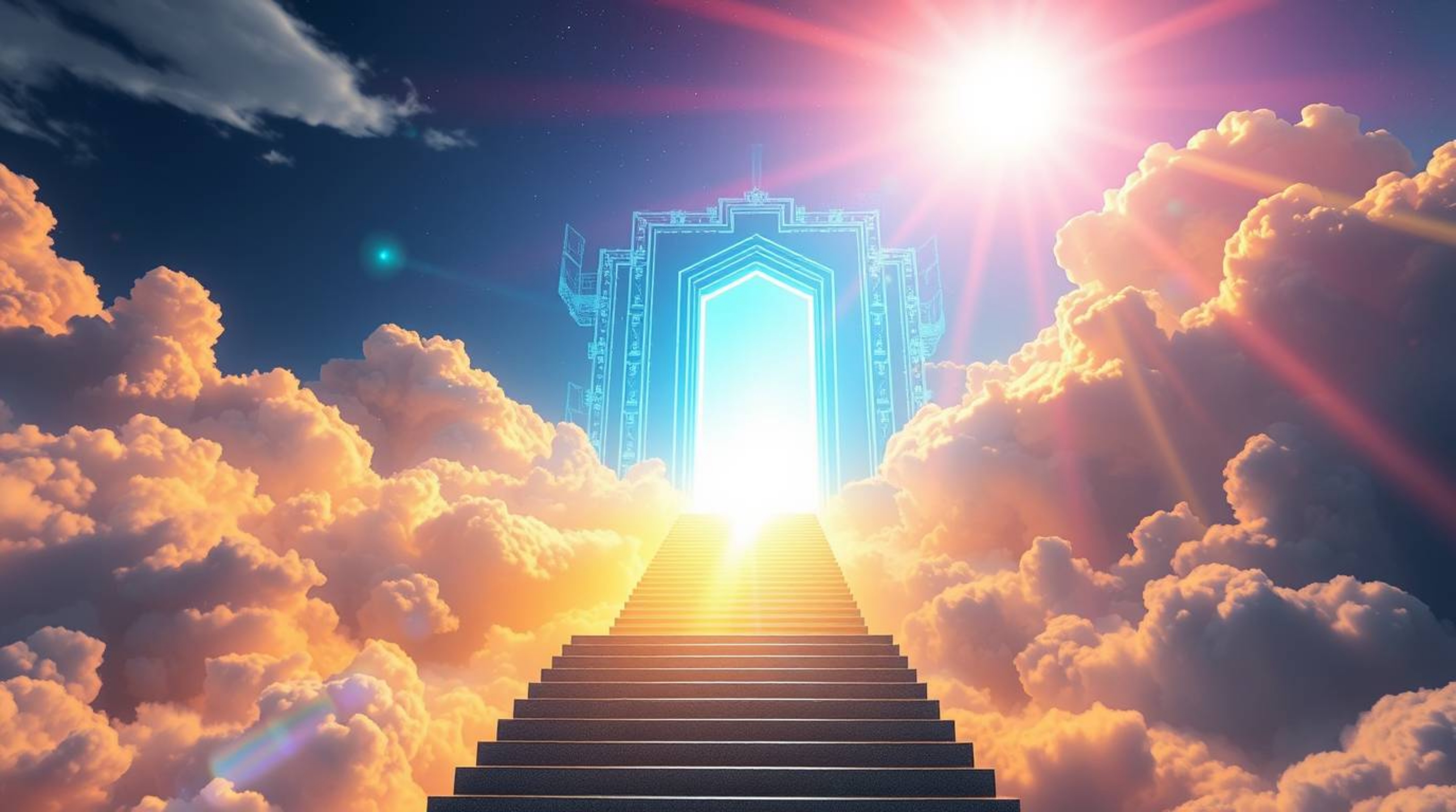 A breathtaking image of a modern, futuristic heavenly gate, glowing with bioluminescent colors and lens flare.  Epic in scale
