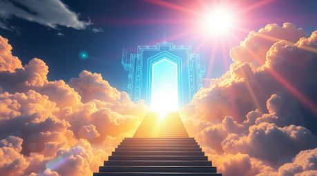A breathtaking image of a modern, futuristic heavenly gate, glowing with bioluminescent colors and lens flare.  Epic in scale