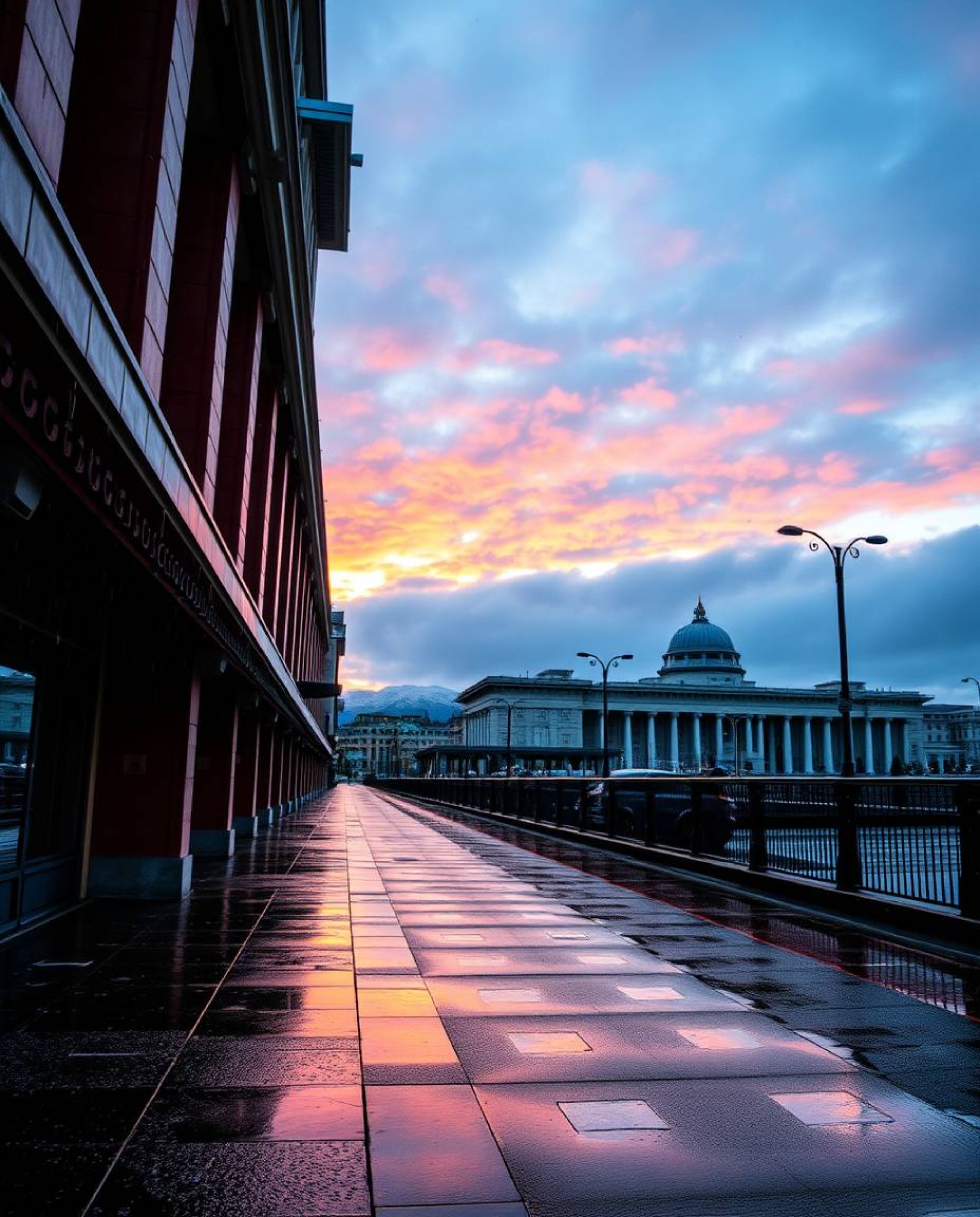 A precise work of architectural color photography captures a vibrant sunset with falling snowflakes during a wet, rainy scene