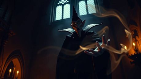 A dramatic photograph capturing a classic Disney villain casting a spell within an old castle. The image utilizes high contra