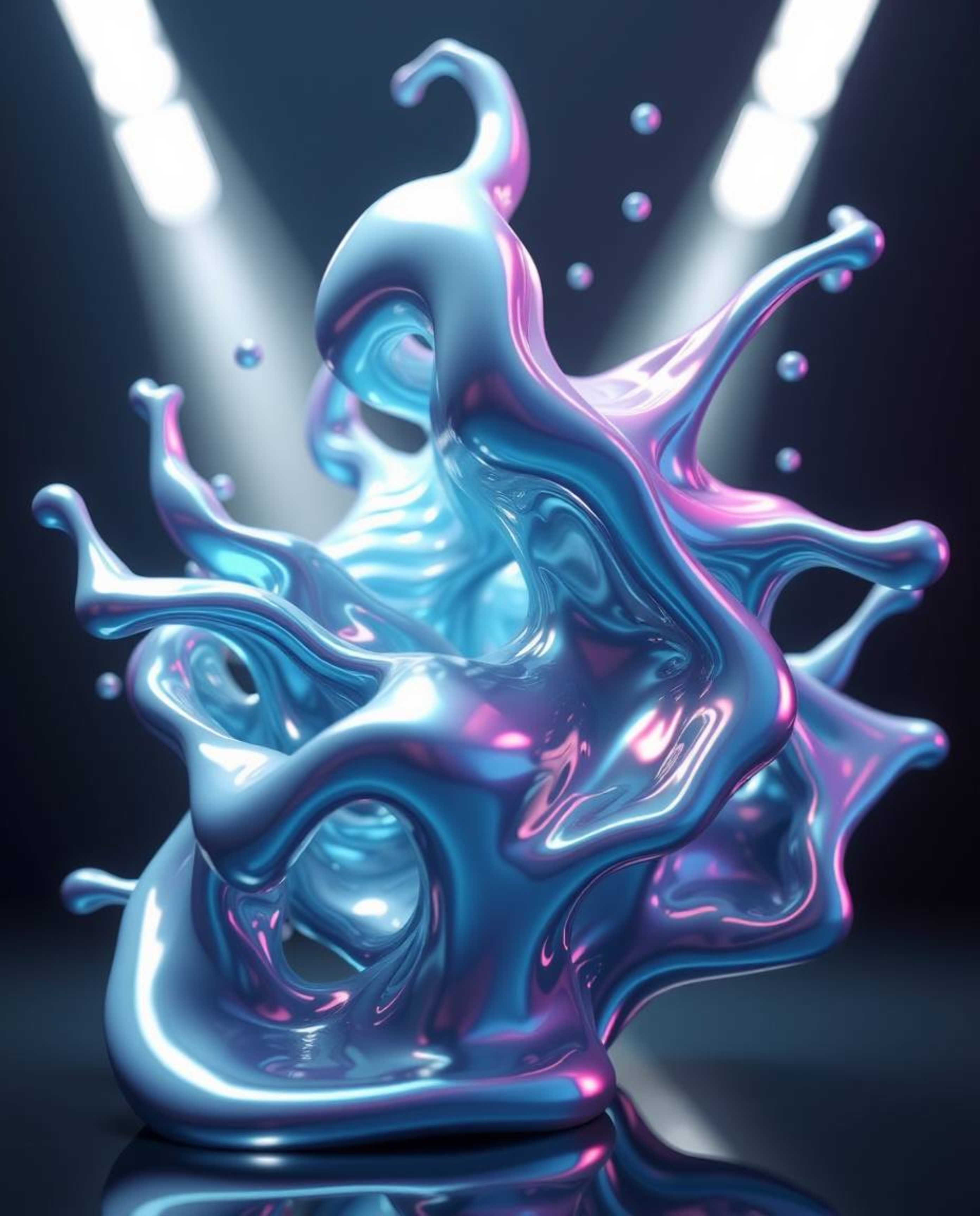 This digital rendering showcases dynamic and dreamlike surreal imagery, featuring sculptural 3D fluid shapes that resemble me