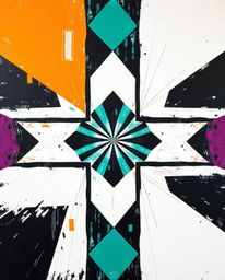 This bold acrylic painting in black and white showcases a striking geometric optical illusion pattern with a captivating retr