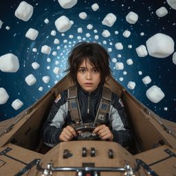 Exquisite high-fashion photography captures a young boy, dressed in a sleek spacesuit, piloting a magnificent cardboard space