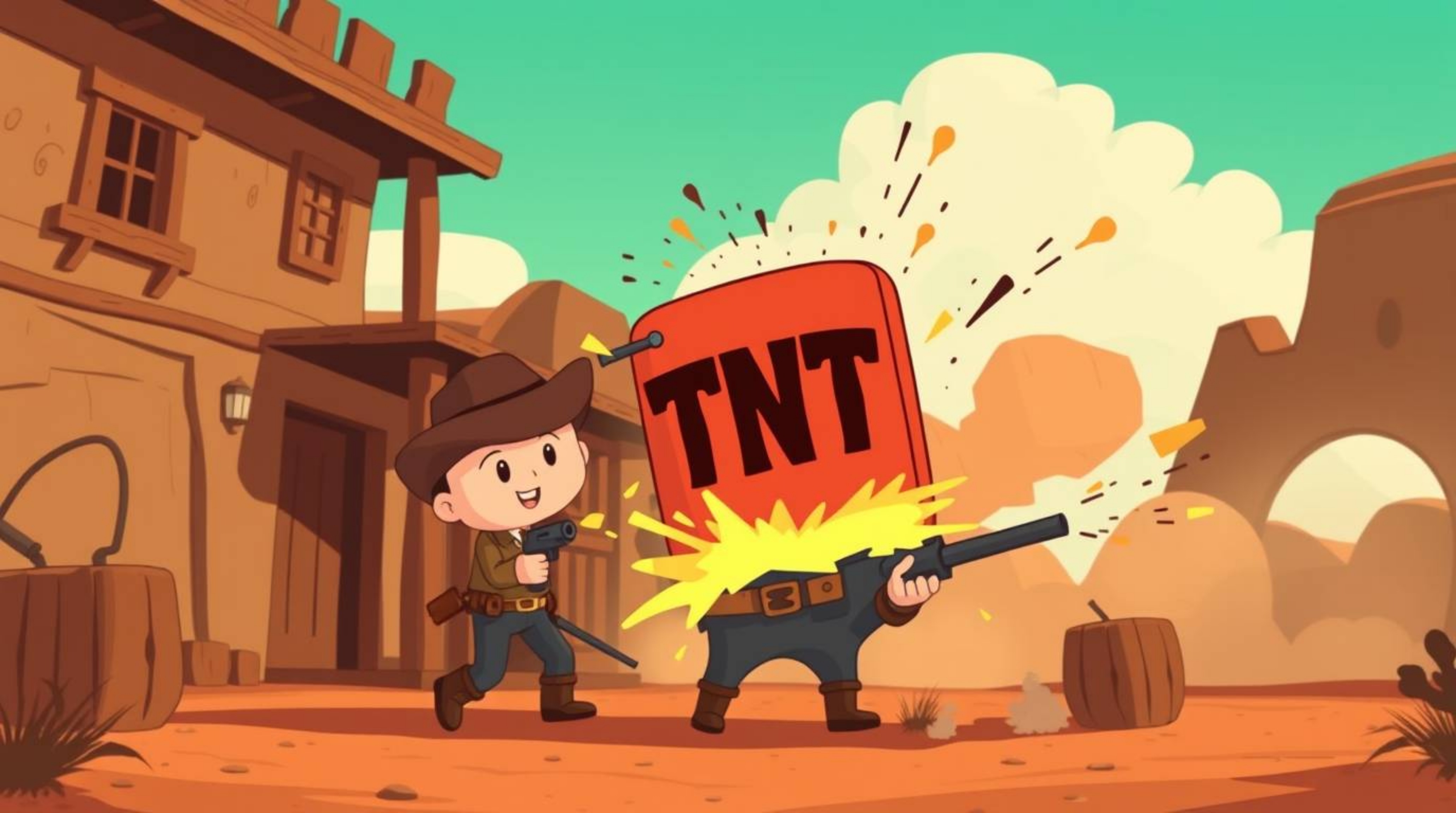 A classic exploding TNT gag set in the wild west, rendered in an adorable and charming style. This piece features a visually 