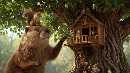 A high-resolution, professionally photographed, commercial-quality image of a beaver in a whimsical, Pixar-inspired setting, 