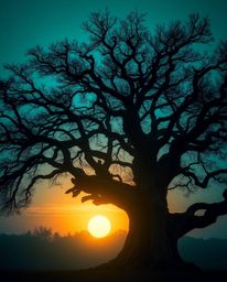 An ethereal and spiritual vibe permeates this scene, featuring a rich deep teal sunset behind a luxurious, vibrant old oak tr
