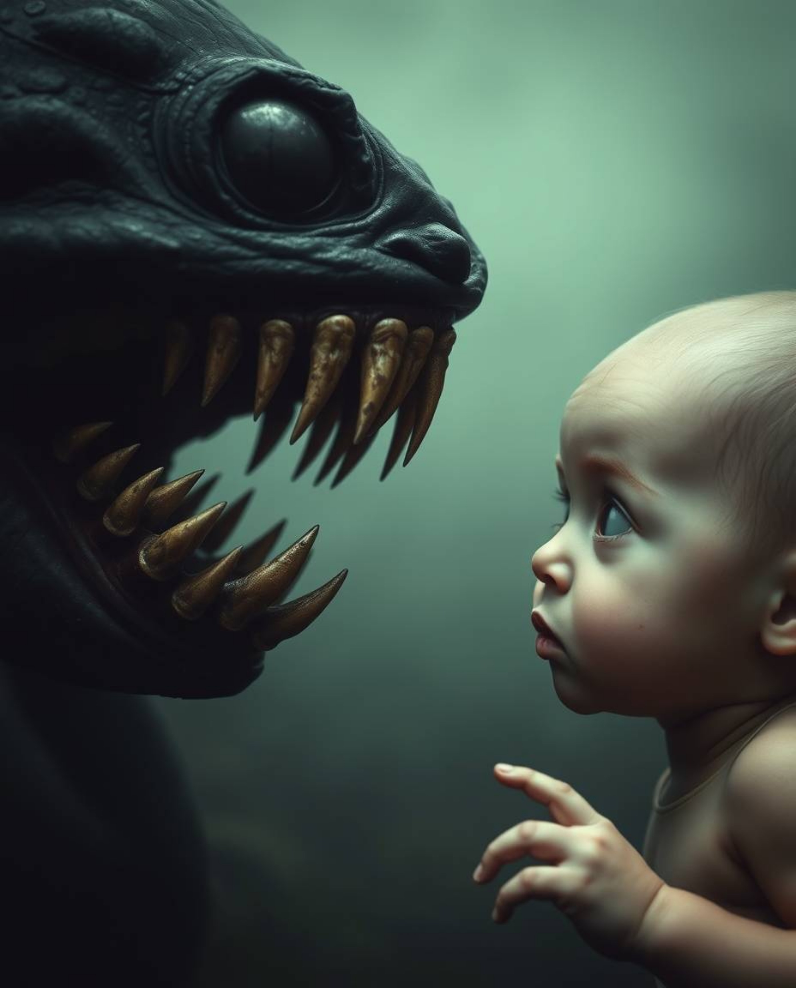 A captivating and unsettling image depicting a dark-toned sea creature with sharp teeth and a pale human child with wide eyes