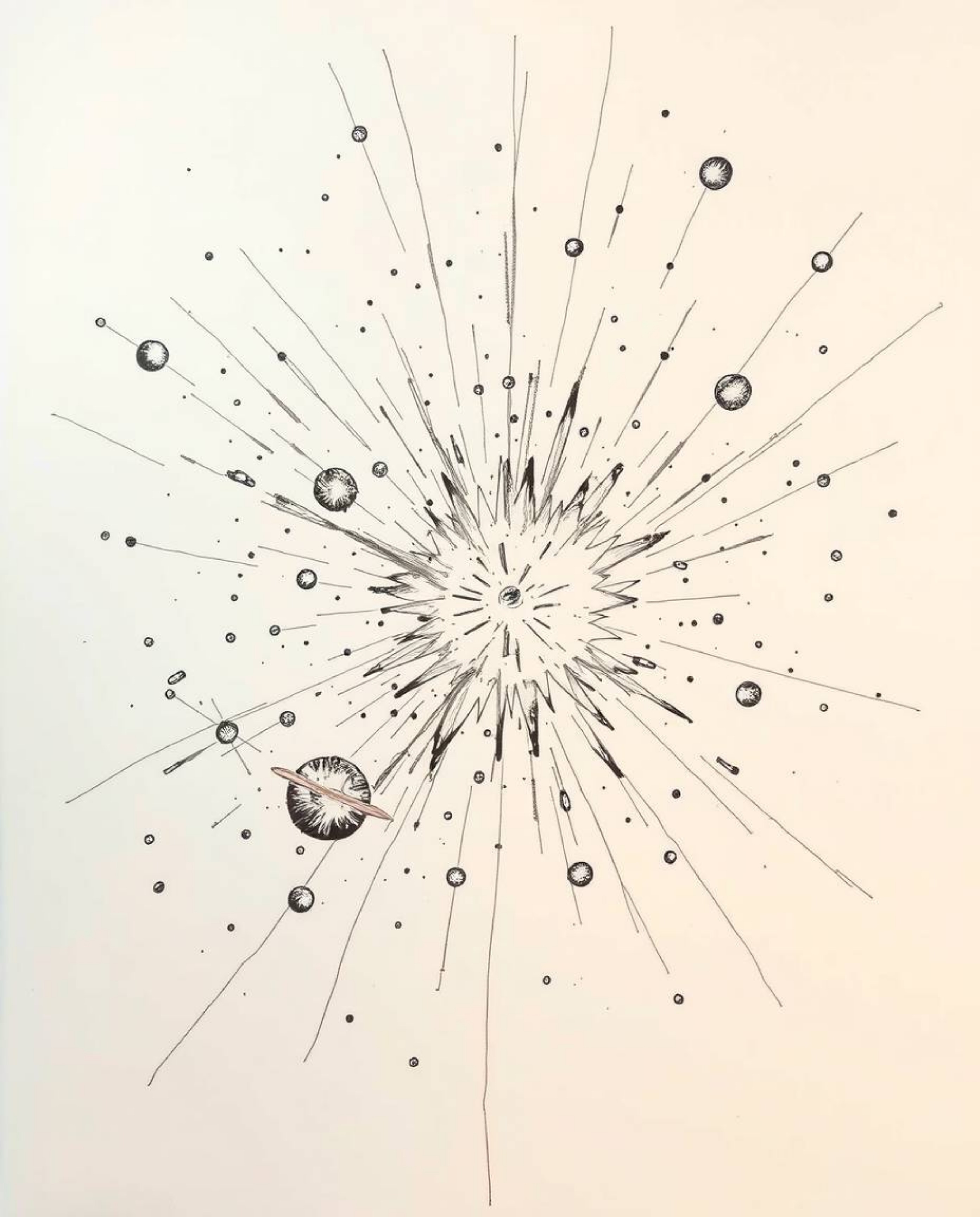 Explore a dramatic, cinematic, hand-drawn sketch depicting colliding galaxies in a cosmic explosion. This artwork features ro