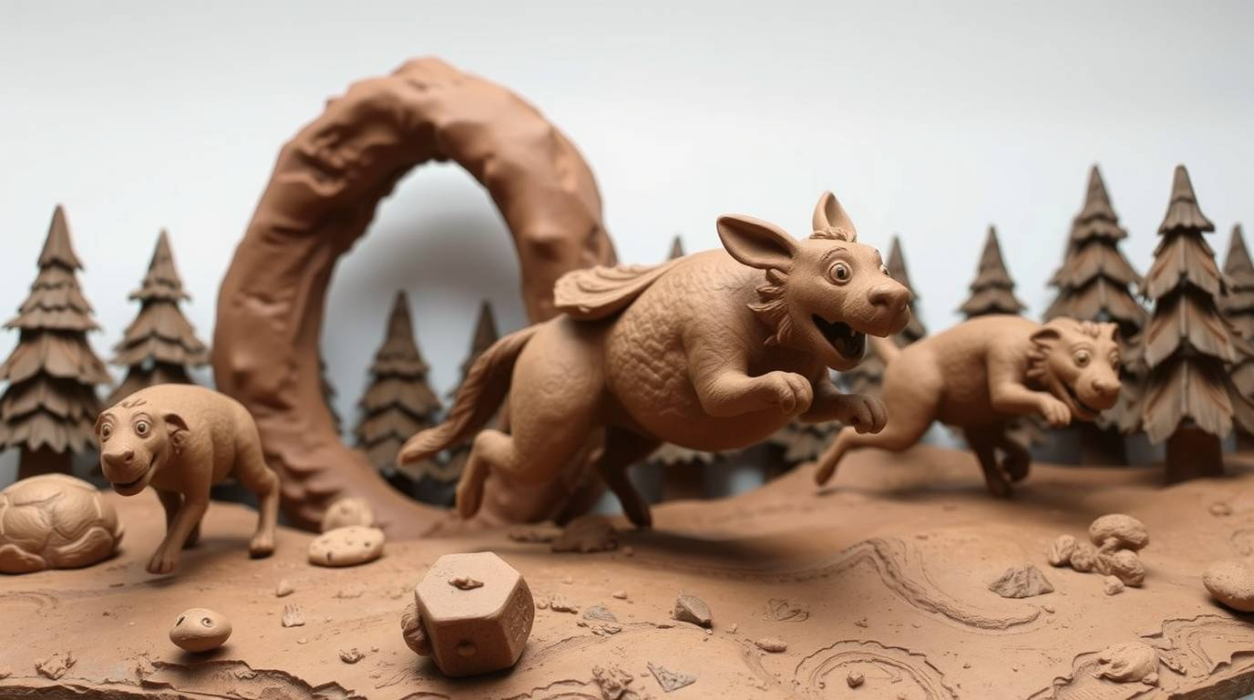A captivating piece of sculptural clay art depicts a dynamic chase scene unfolding against a looping forest backdrop.  The ar