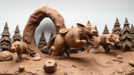 A captivating piece of sculptural clay art depicts a dynamic chase scene unfolding against a looping forest backdrop.  The ar