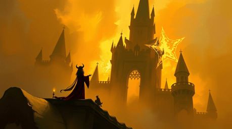 A digital sketch depicts a Disney villain casting a spell in an old castle, bathed in a warm golden glow and a misty atmosphe