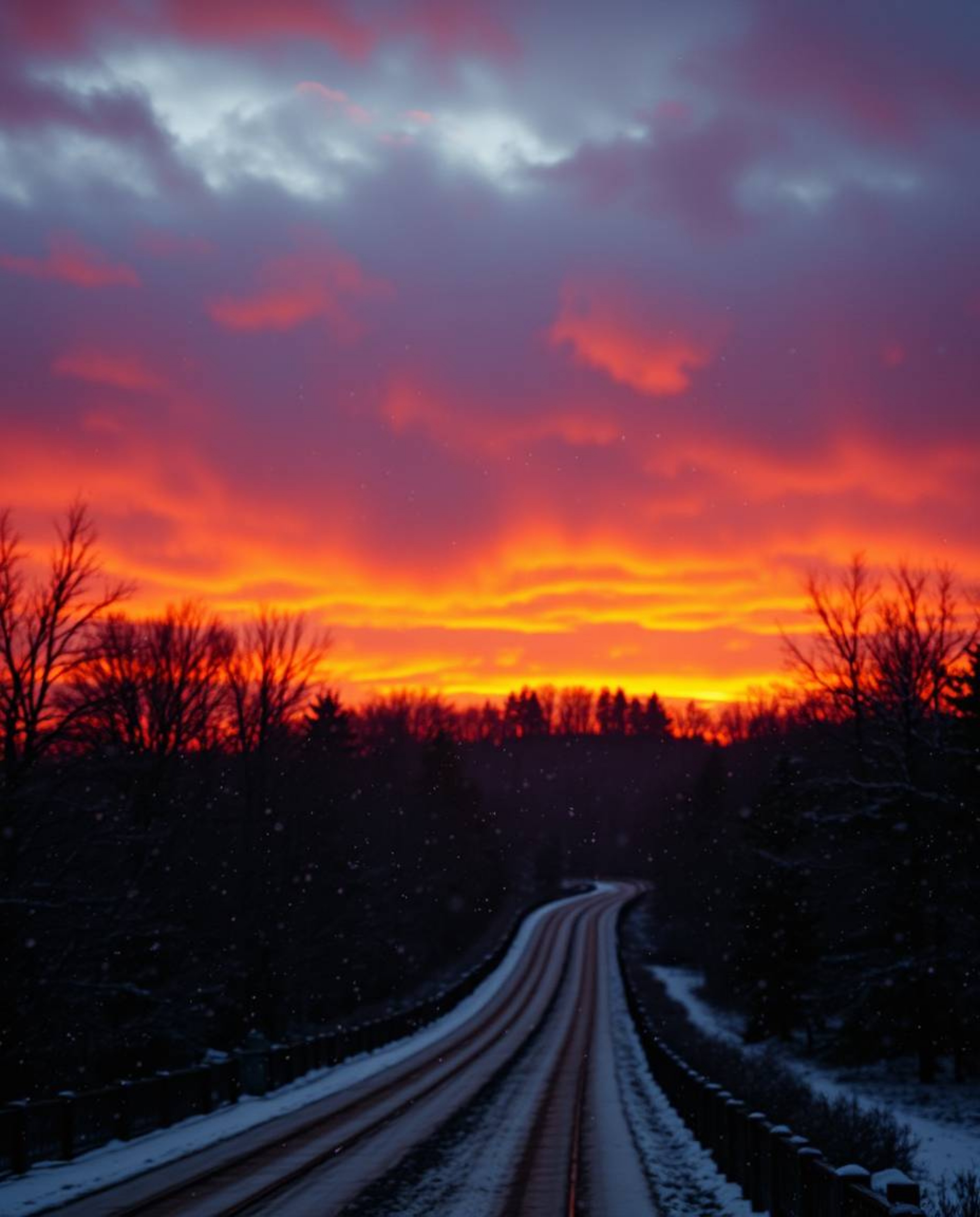 A dramatic, cinematic-style image captures the intensity of snowflakes falling during a vibrant sunset. The scene is characte