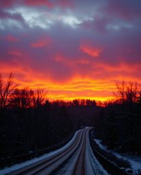 A dramatic, cinematic-style image captures the intensity of snowflakes falling during a vibrant sunset. The scene is characte