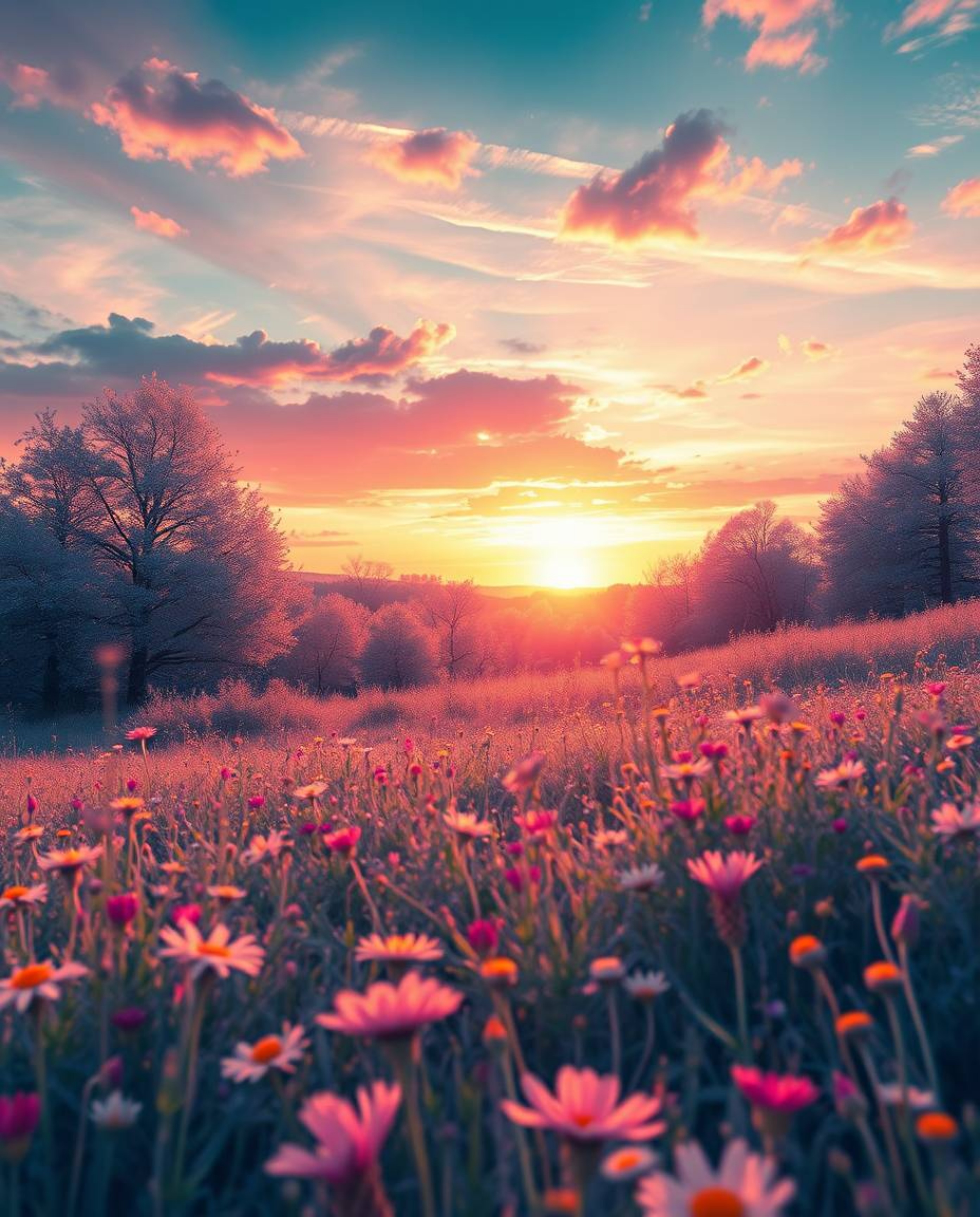 A surreal digital painting of a sunset over a spring wildflower meadow, rendered in striking infrared tones for an otherworld