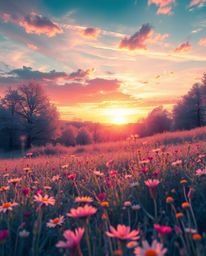 A surreal digital painting of a sunset over a spring wildflower meadow, rendered in striking infrared tones for an otherworld