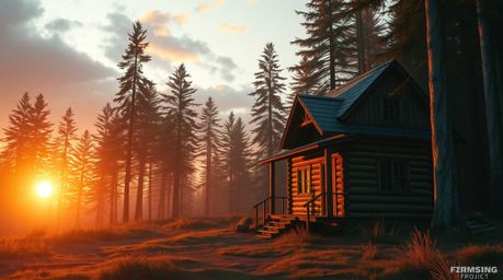 Experience an epic scene of an old wooden cabin nestled deep within the woods at sunset, reimagined in a modern future style.