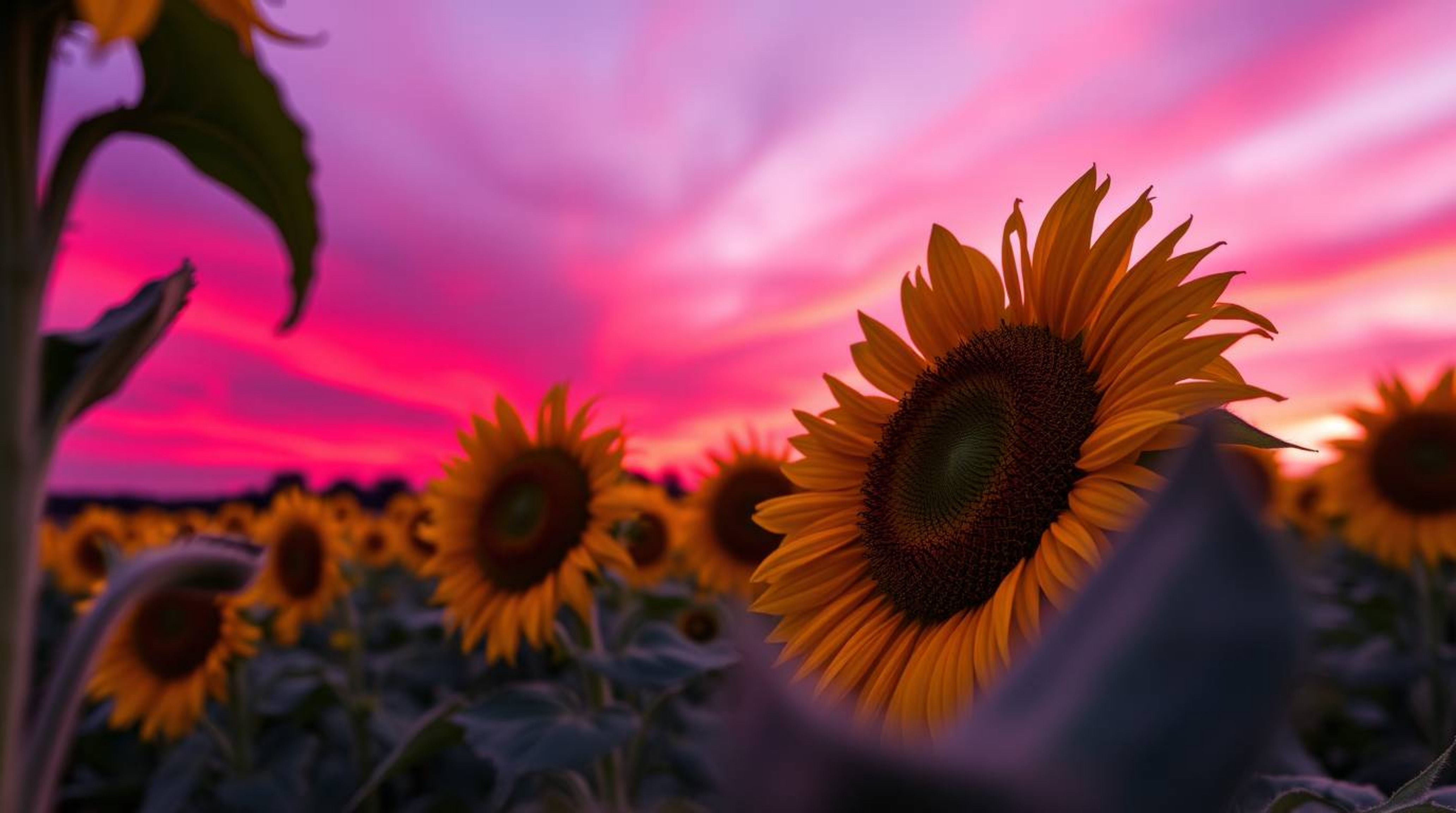 Capture the beauty of a sunflower field under a mesmerizing red and purple sky with an extreme macro close-up. This image sho