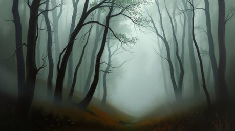 Experience a captivating classic oil painting depicting a thrilling chase through a looping forest.  Thick fog obscures visib