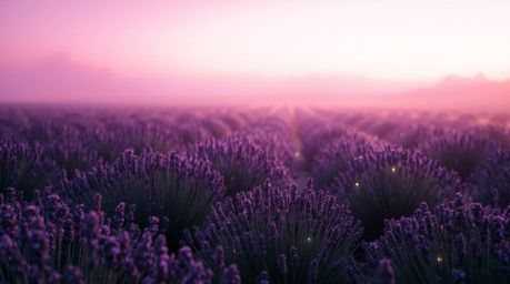 Experience a scene of tranquil beauty with volumetric lighting casting a soft, dreamy atmosphere over hazy lavender fields. T