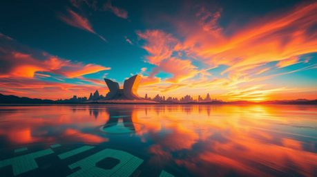 Experience the grandeur of nature blended with futuristic aesthetics in this captivating scene. A tranquil lake mirrors the b