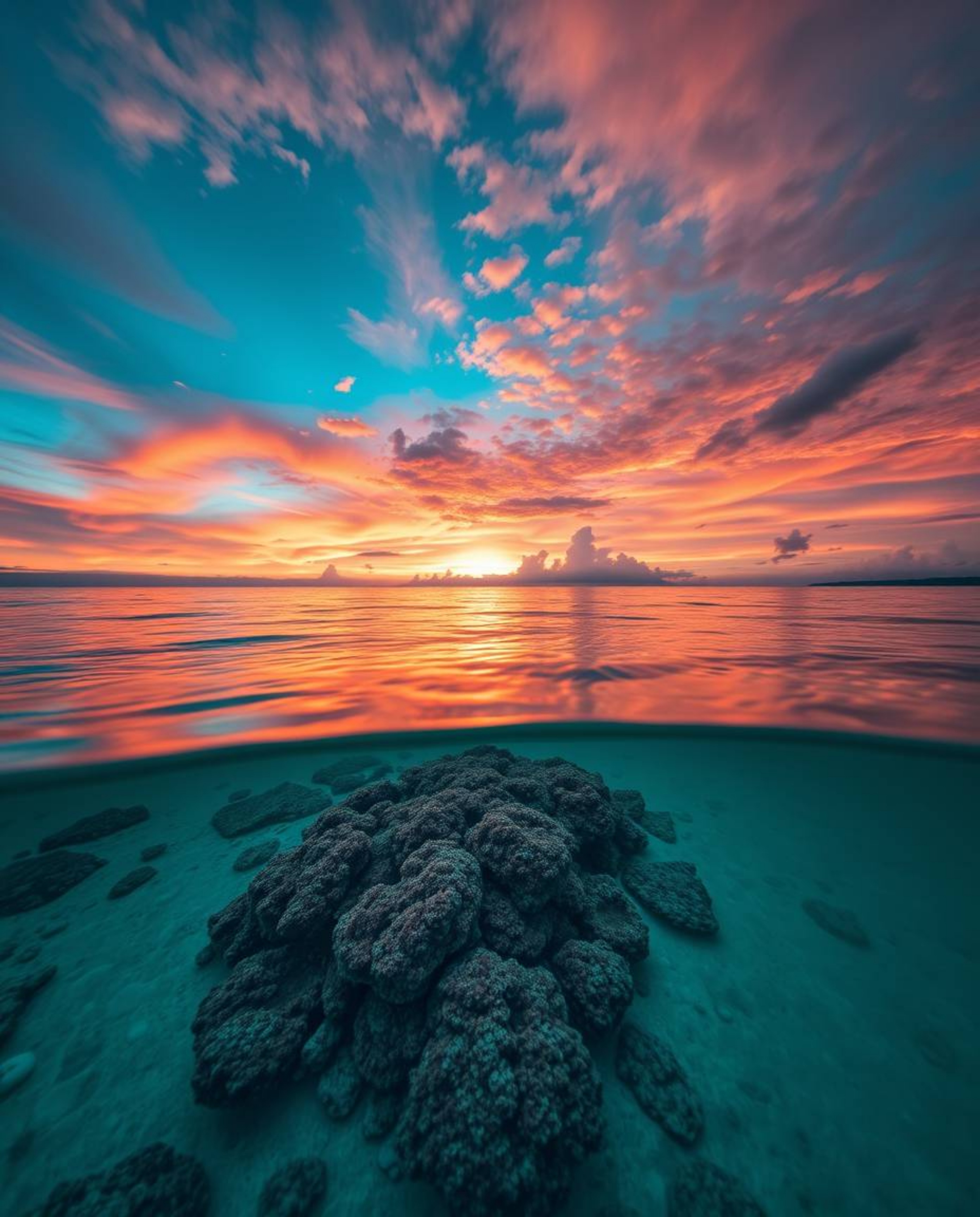 A stunning high-angle perspective photograph captures a colorful sky over a coral reef at low tide. This luxurious and vibran