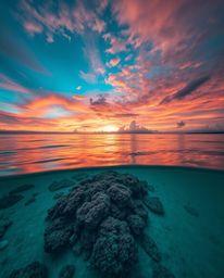 A stunning high-angle perspective photograph captures a colorful sky over a coral reef at low tide. This luxurious and vibran