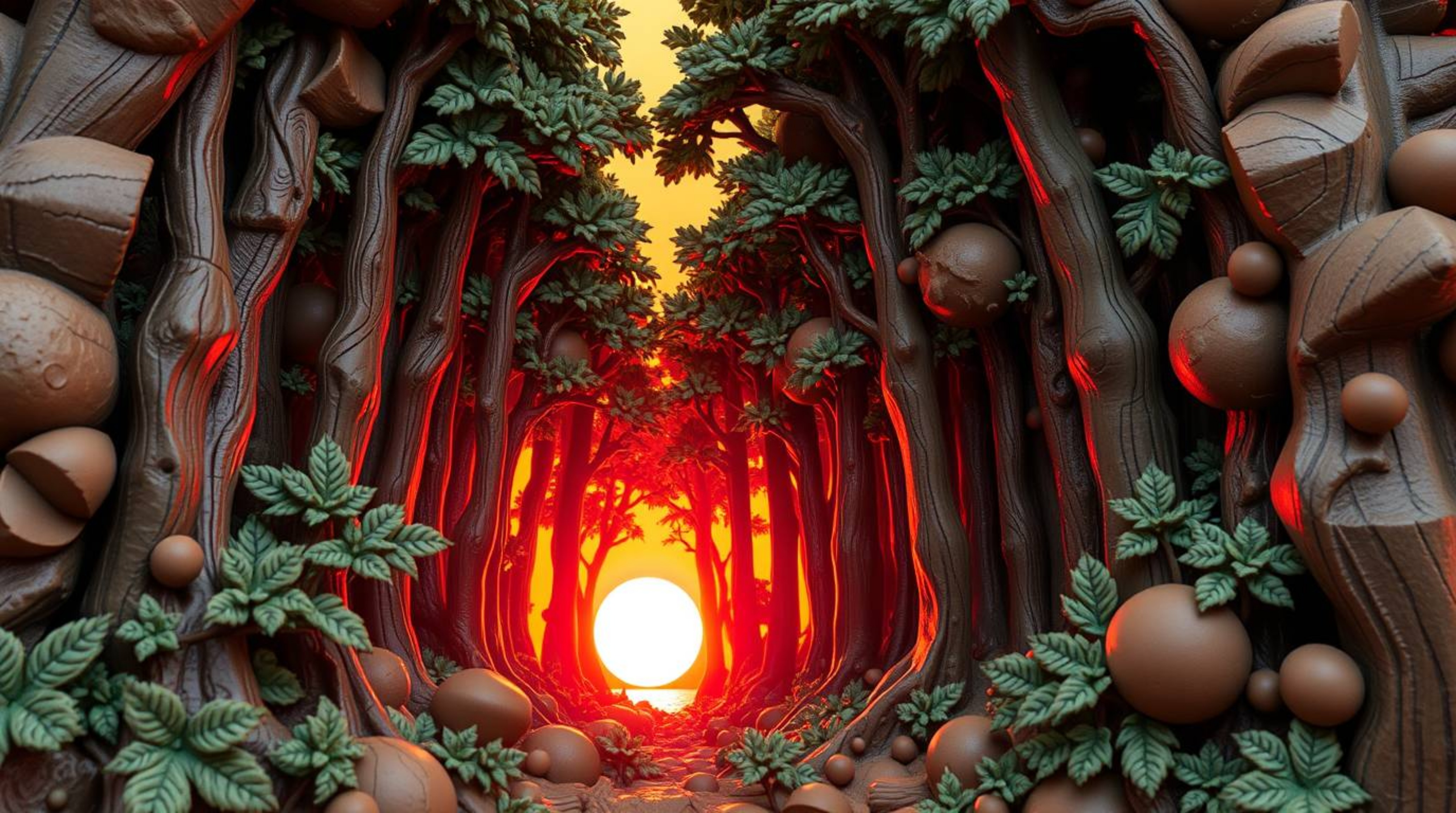 A captivating clay sculpture depicts the ethereal beauty of sunset light filtering through a dense forest.  Rendered in elect