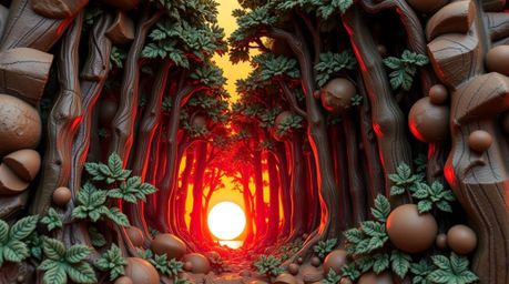 A captivating clay sculpture depicts the ethereal beauty of sunset light filtering through a dense forest.  Rendered in elect
