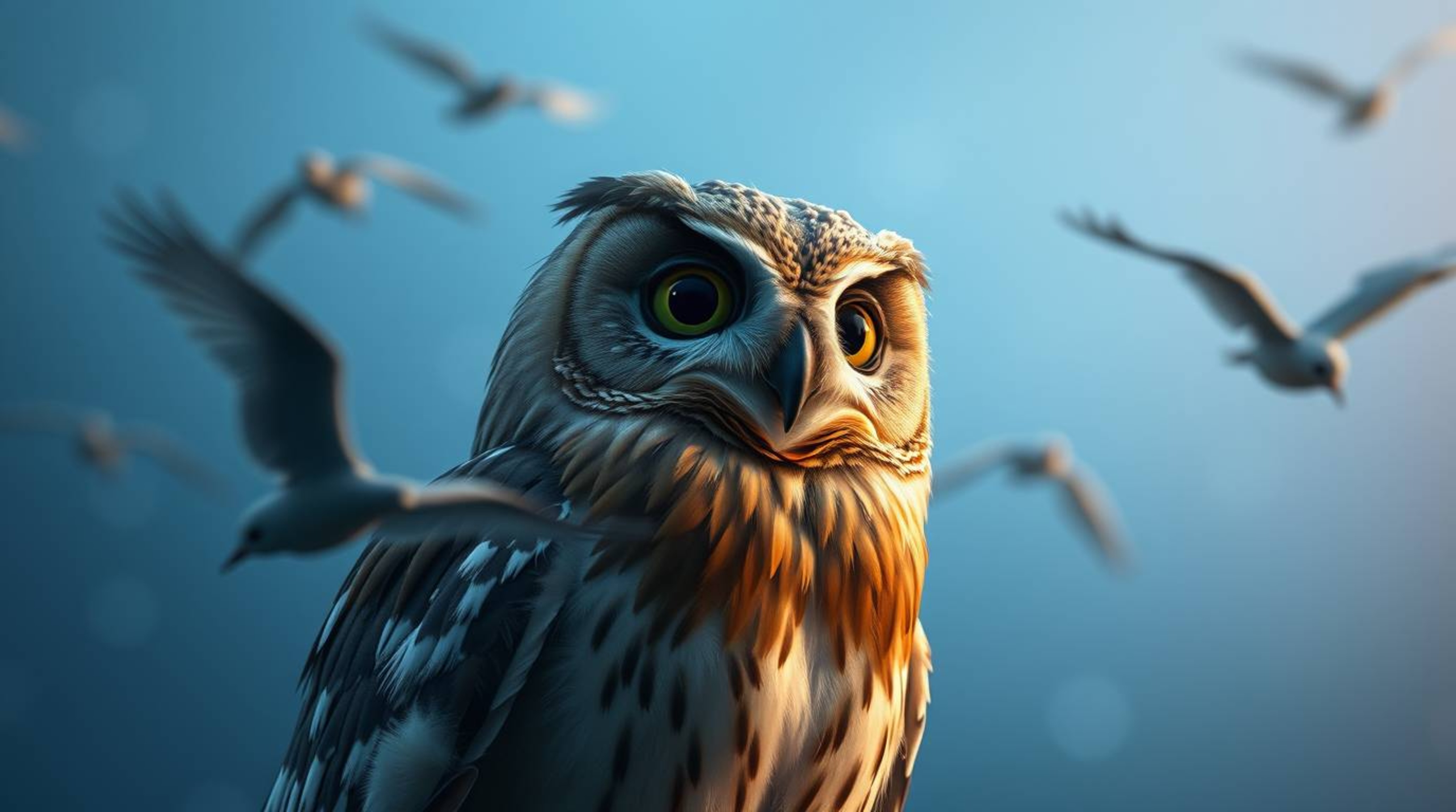 This artwork features a stunning long exposure photograph, rendered in a cinematic and hazy style. A blind owl, beautifully r
