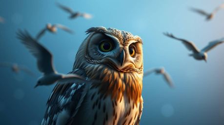 This artwork features a stunning long exposure photograph, rendered in a cinematic and hazy style. A blind owl, beautifully r